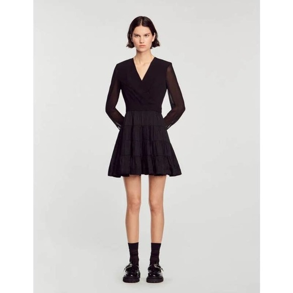 Sandro Ginette Short flowing Dual-Fabric Black Dress Size 42/ US 10 NWT - Picture 1 of 11